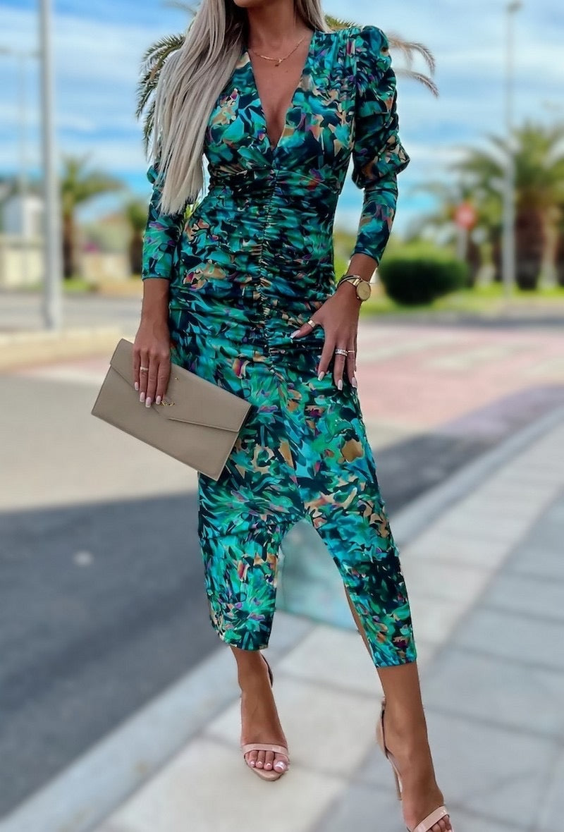 Rachel Turquoise Multi Print Long Sleeve Midi Dress